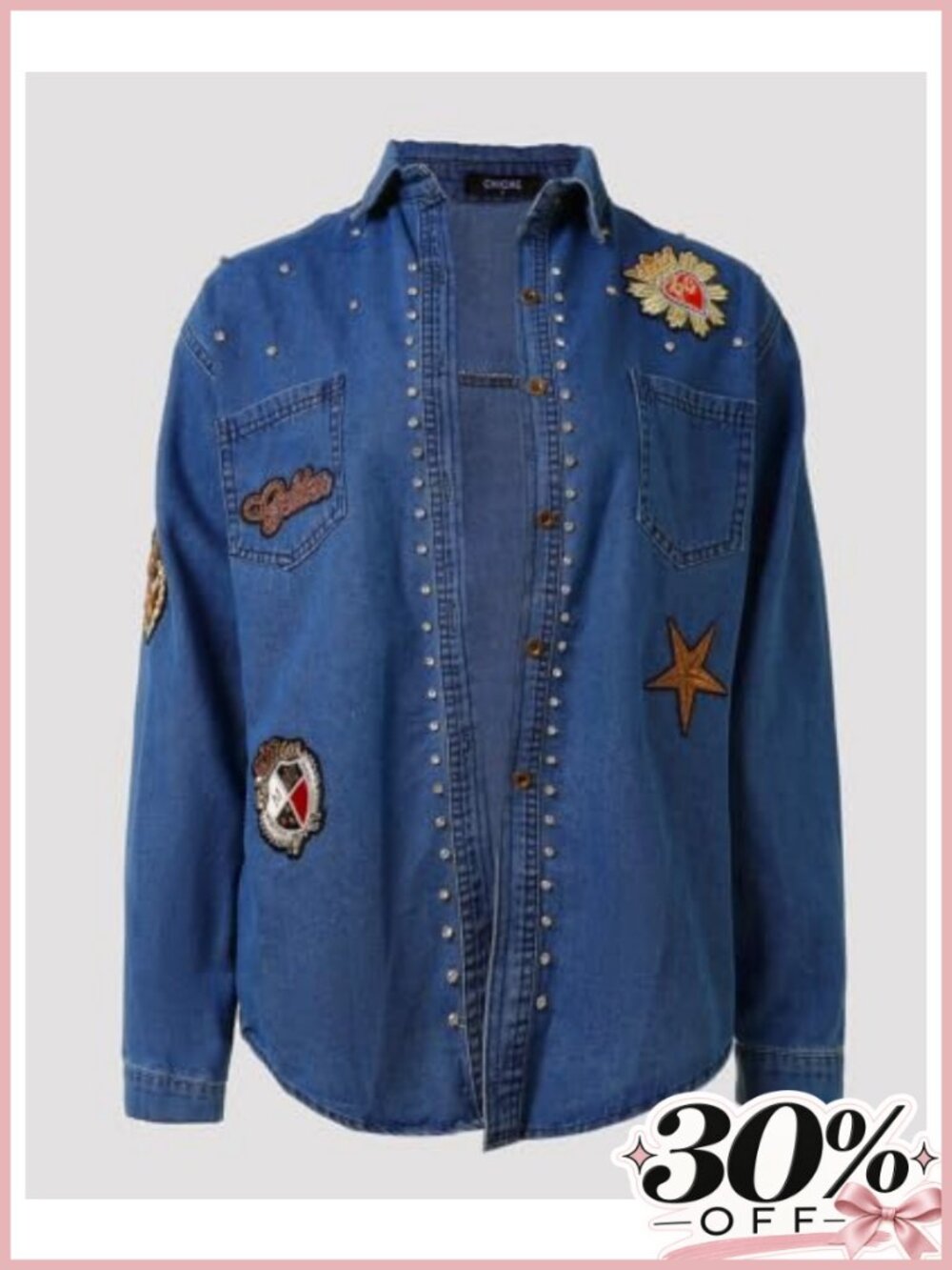 Oversized Rhinestone Denim Shacket Embroidered Button Down Jacket - Picture 3 of 5